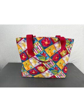 Hawaiian-Style Tote Bag With Colorful Floral & Tropical Print Red Handles